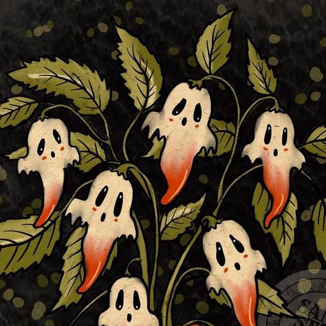 Halloween Illustration Vintage, Halloween Scene Drawing, Halloween Artwork Drawing, Ghost Illustration Cute, Cute Spooky Drawings, Halloween Ghost Drawing, Spooky Widgets, Botanical Halloween, Spooky Halloween Drawings