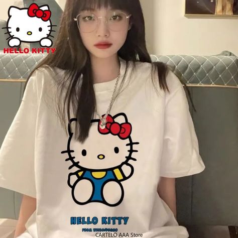 261.29грн. 50% OFF|Kawaii Hello Kitty Shirt Y2k Top Women Clothes Cotton Japanese Sanrio Kuromi Short Sleeve T-shirt Female Couple Loose Streetwear - T-shirts - AliExpress Y2k Mens Fashion, Y2k Outfits Street Styles, White Tshirt Women, Kawaii Shorts, Hello Kitty T Shirt, Hello Kitty Y2k, Y2k Hello Kitty, Kawaii Hello Kitty, Y2k Girls