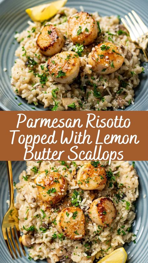 Mediterranean Scallop Recipes, Scallops And Prawns Recipe, Shrimp And Scallop Risotto, Mediterranean Diet Scallops Recipe, Mediterranean Scallops Recipe, Scollops Recipes, Scallops Dinner Ideas, Scallop Risotto Recipes, Luxury Recipes