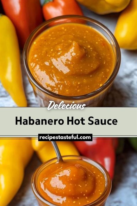 A fiery homemade hot sauce made with habanero peppers, vinegar, and lime juice, perfect for adding a spicy kick to your favorite dishes. Canned Hot Sauce Recipe, Habanero Hot Sauce Recipe, Habanero Sauce Recipe, Habanero Recipes, Hot Pepper Recipes, Hot Sauce Recipe, Mexican Salsa Recipes, Pepper Sauce Recipe, Habanero Sauce