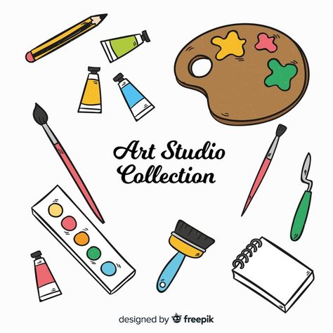 Hand drawn art studio element collection... | Free Vector #Freepik #freevector #hand #paint #hand-drawn #brush Element Art Drawings, Crafts Logo Design, Lion King Drawings, Desain Buklet, Fashion Illustrations Techniques, Brush Drawing, Art Tools Drawing, My Art Studio, Hand Paint