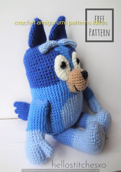 Free Blue Crochet Patterns, Crochet Pattern For Bluey, Free Crochet Pattern For Bluey, Knit Toys Pattern, Free Knitting Pattern For Bluey The Dog, How To Crochet Bluey, Free Crochet Bluey Patterns, Disney Crochet Free Patterns, Knitted Bluey Toy