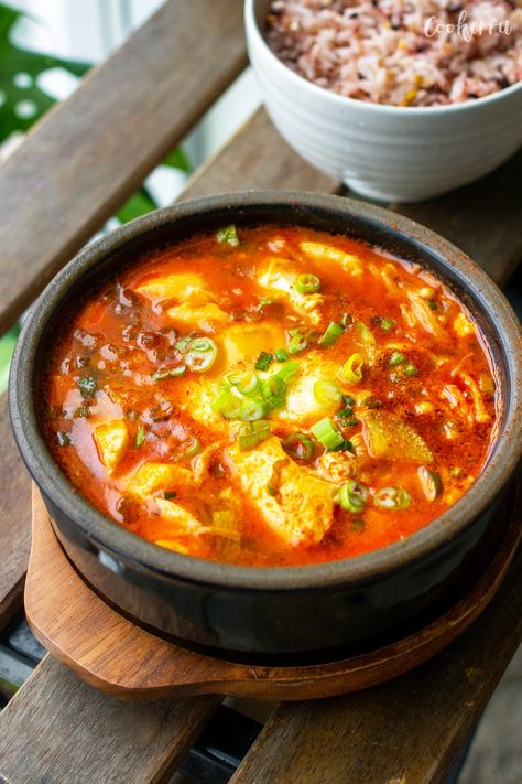 Soondubu Jjigae (Korean Soft Tofu Stew) - Cookerru Soondubu Recipe, Soft Tofu Stew, Soondubu Jjigae, Jjigae Recipe, Tofu Stew, Easy Korean Recipes, Soft Tofu, Tofu Soup, Mapo Tofu