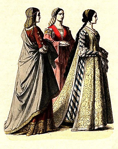 Plate #23a - First Half of the Fifteenth Century  The outfit at the right. That is my project for the year. 15th Century Clothing, Late Middle Ages, Three Women, Century Clothing, Medieval Clothing, Medieval Dress, Brown Art, Medieval Fashion, Historical Costume