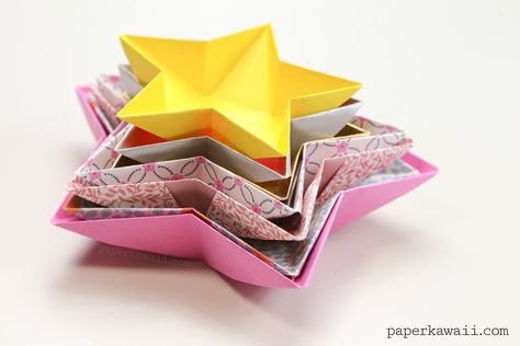 Origami Star Bowl Instructions - Learn how to make a simple origami star dish or bowl, use these to serve snacks at parties or hang them up as paper decorations! ✪ #origami #paper #star #crafts #diy - Tutorial: https://goo.gl/VQD0Z0 - Paper Kawaii 💕 Origami Kutu, Diy Origami Home, Origami Stella, Diy Origami Home Decor, Origami Home Decor, Origami Bowl, Origami Star Box, Origami Star, Origami For Beginners