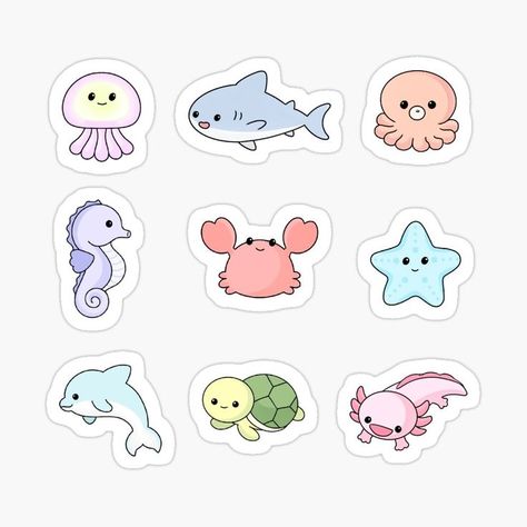 Cute Sea Animal Drawings Simple, Cute Ocean Doodles, Cute Ocean Drawings, Cartoon Fish Cute, Water Animals Drawing, Cute Sea Animals Drawing, Ocean Creatures Drawings, Cute Animal Drawings Easy, Cute Animals Stickers