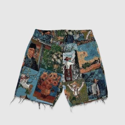 New Standard Fit Clothes Idea For Men, Patchwork Pants Men, Van Gogh Tapestry, Hippie Outfits Men, Ike Broflovski, Tapestry Shorts, Cochella Outfits, Y2k Outfits Men, Mens Street Style Summer