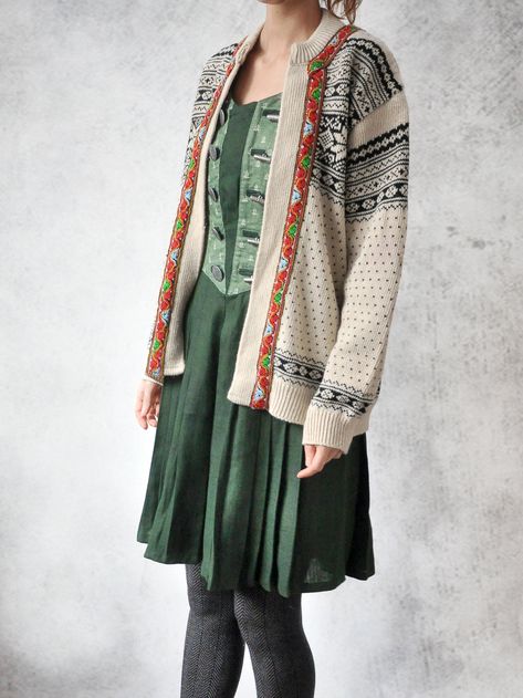 Austrian dress with Norwegian cardigan Norwegian Traditional Clothing, Norwegian Fashion, Norwegian Style, Vintage Outfit, Traditional Clothing, Disney Art, Traditional Outfits, Kimono Top, Vintage Outfits