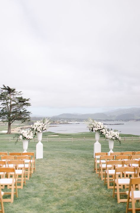 Simple Ceremony Flowers Altar, Simple Ceremony Backdrop Outdoor, Outdoor Ceremony Set Up, Pier Wedding Ceremony, Ocean View Wedding Ceremony, Simple Ceremony Decor Outdoor, Pebble Beach Wedding, Wedding Ceremony Set Up, Outdoor Wedding Ceremony Simple