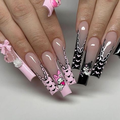 ₊˚ෆ Follow me for more 𐙚 visit my boards ₊˚ෆ Kuromi Nail Art, My Melody X Kuromi, Paznokcie Hello Kitty, Confetti Nails, Halloween Acrylic Nails, Long Acrylic Nail Designs, Hard Nails, Valentine Nails, Anime Nails