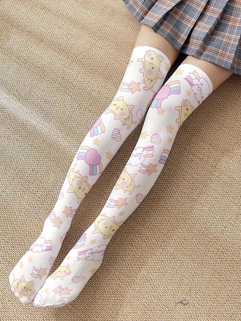 Knee Socks Outfits, Thigh High Sock, Kawaii Socks, Kawaii Things, Rainbow Outfit, Kawaii Fashion Outfits, Over The Knee Socks, Thigh High Socks, Women Socks