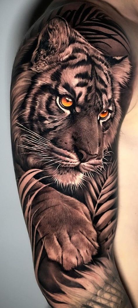 Check more at https://ideatatto.com/animals/3781/ Tiger Tattoo Realism, Tiger Half Sleeve Tattoo, Outfits Ideas Skirt, Tiger Tattoos For Men, Skirt Y2k Outfits, Y2k Outfits Ideas, Outfits Ideas For School, Tiger Forearm Tattoo, Mens Tiger Tattoo