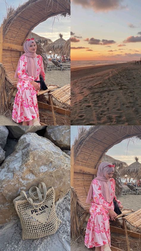 Beach Outfits For Hijabis, Beach Dresses Modest, Goa Modest Outfits, Hijabi Bali Outfit, Outfit Ideas Beach Vacation Hijab, Modest Beach Outfit Ideas, Beach Outfit For Hijab, Beach Cafe Outfit, Hijabi In Beach