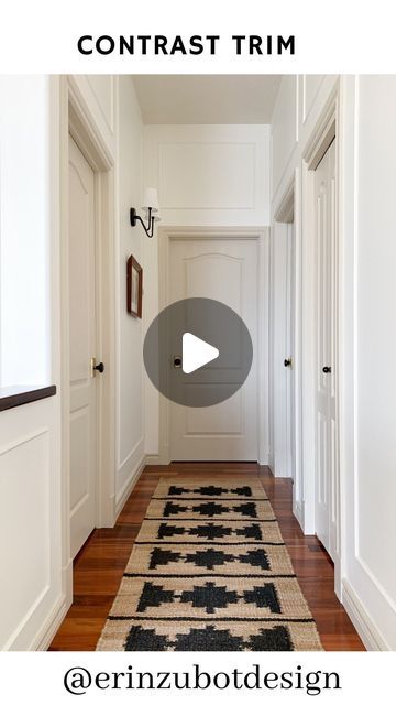 Erin Zubot • HOME DESIGN & DIY on Instagram: "We painted our whole main floor Valspar Swiss Coffee and the trim in Benjamin Moore Edgecomb Grey when we moved in 4 years ago and I’m so happen we warmed up all that white with some darker trim.  It’s the most impactful here in the hallway where there are lots of doors!   In my house I have different coloured trim in pretty much every room so to say I have embraced contrast trim is an understatement.   If you worry about it being a trendy choice, I would argue that painting trim white was a trend.  Contrast trim has been around forever and is just having a moment again but it is a classic choice.   Would you (have you?) tried this?   #paintcolorideas #contrasttrim #designtips" Contrast Trim In Kitchen, Different Colour Trim, White Walls With Beige Trim, Painted Trim White Walls, White Walls Cream Trim, White Wall Colored Trim, Painted Doors And Trim, Contrast Trim Colors, Valspar Swiss Coffee