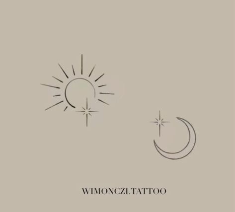 Simple Moon Sun Tattoo, Moon And Sun Tattoo Simple, Moon To Sun Tattoo, Simplistic Sun And Moon Tattoo, Mini Moon Tattoos, Fine Line Sun And Moon Tattoo Matching, Minimalistic Sun And Moon Tattoo, The Moon And The Sun Tattoos, Sun And Moon Symbolism