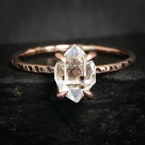 #herkimerdiamondring in #14krosegold Crystal Rings Engagement, Rustic Engagement Rings, Raw Stone Engagement Rings, Crystal Engagement Ring, Turquoise Ring Engagement, Crystal Engagement Rings, Raw Diamond Rings, Herkimer Diamond Ring, Rough Diamond Ring