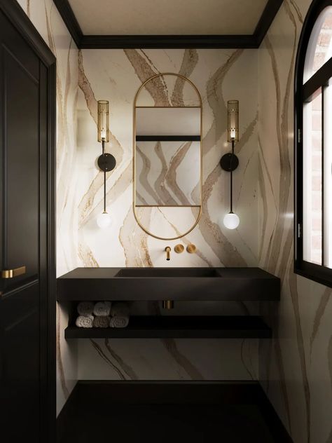 Brittanicca Gold Cool™ - Cambria® Quartz Designs Luxury Powder Room, Cambria Quartz, Powder Room Decor, Turkish Tiles, Powder Room Design, Half Bathroom, Bathroom Design Luxury, Elegant Bathroom, Bathroom Wallpaper