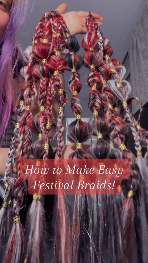 Festival Hair Braids Tutorials, Braids With Fake Hair Hairstyles, Diy Festival Hair Extensions, Rave Braids Festival Hair Extensions, Rave Braids Festival Hair Red, Rave Extension Braids, Rave Braids Festival Hair Tutorial, Diy Festival Braids, Diy Rave Hair Extensions