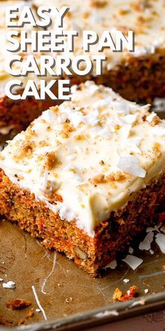 EASY and delicious sheet pan carrot cake, perfect for when you need cake for a crowd or a snack cake for the week! A moist, lightly spiced carrot cake topped with classic cream cheese frosting. #carrotcake #easydesserts Carrot Cake Sheet Pan Recipe, Carrot Cake Recipe Sheet Pan, Carrot Spice Cake Recipe, Soft Carrot Cake Recipe, Sheet Cake Recipes For A Crowd, Sheet Pan Cake Recipes, Sheet Pan Desserts For A Crowd, Sheet Pan Carrot Cake, Sheet Pan Cakes