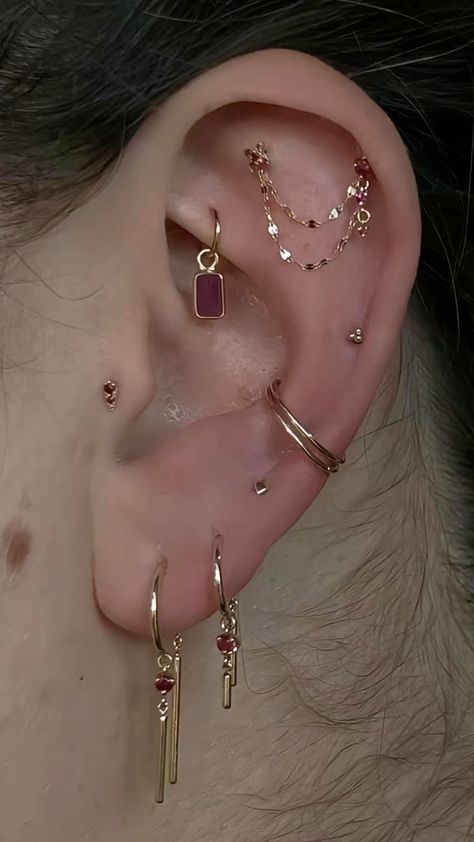 Interesting Ear Piercings, Fun Ear Piercings, Stack Ear Piercings, Celestial Ear Curation, Eat Curation, Piercings Both Ears, 3 Helix Piercing, Witchy Piercings, Earring Ideas For Two Holes