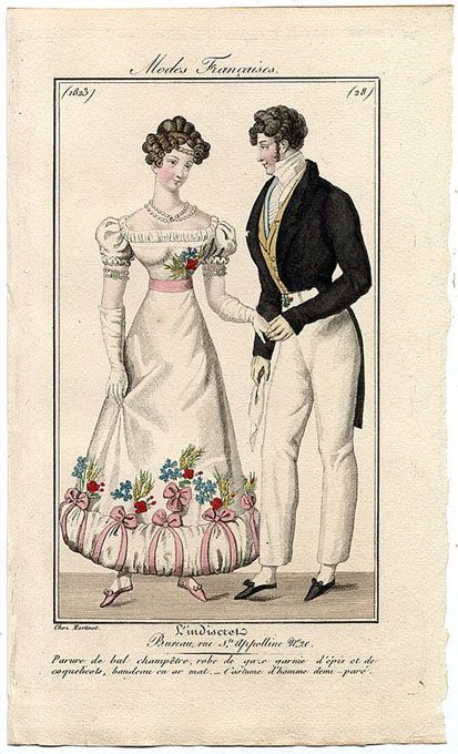 plate 28 - Modes Francaises -- L'Indescret Regency Menswear, History Clothes, Regency Costume, Antique Room, Western Womens Fashion, 1820s Fashion, Regency Era Fashion, Austin Style, Romantic Era