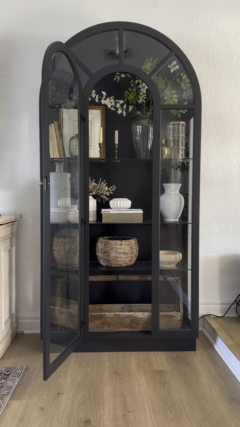 Arched Glass Cabinet, Living Room Display Cabinet, Display Cabinet Decor, Hutch Decor, Cabinet Designs, China Cabinet Display, Glass Cabinets Display, Cabinet Style, Cabinet Ideas