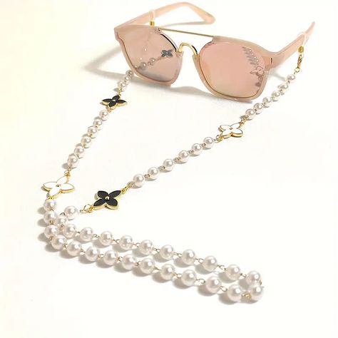 Clover Faux Pearl Beaded Glasses Chain Anti Slip Sunglasses - Temu Beaded Glasses Chain, 20’s Style, Beaded Glasses, Embroidered Flats, Brown Scarves, Coach Sunglasses, Sunglasses Logo, Purple Scarves, Black Cat Eyes