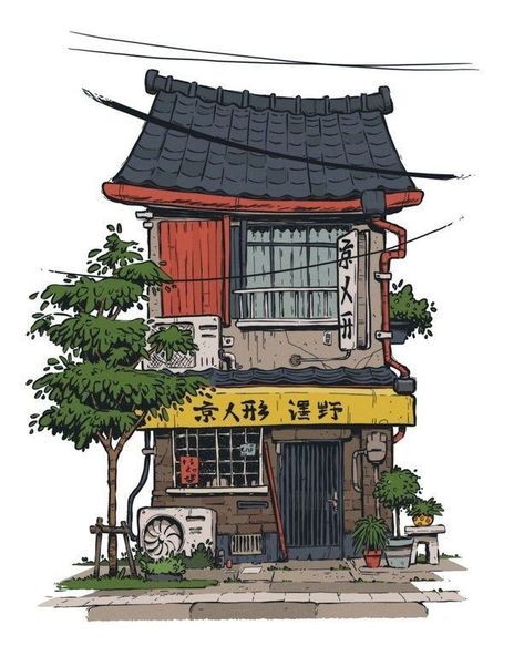 Kyoto Drawing, Drawing Ideas Aesthetic, Famous Drawing, Aesthetic Building, 3d Karakter, Urban Sketches, Building Sketch, Building Drawing, Building Illustration