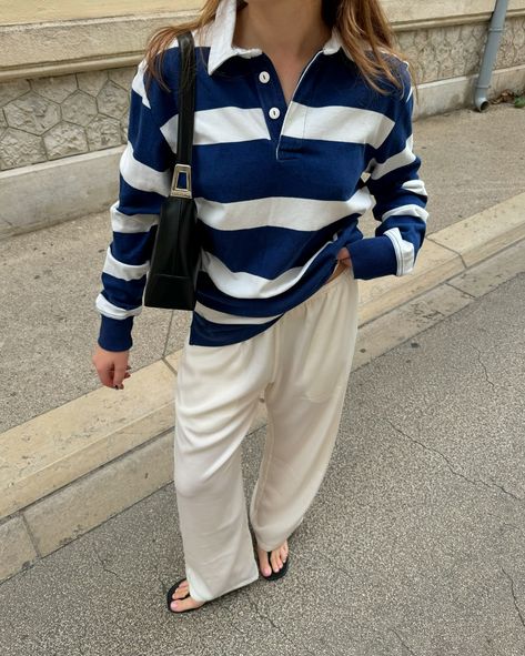 stripes for life 🤍 #outfitinspo #inspiration #fallstyle #fallvibes #parisianstyle #brandymelville Thick Striped Shirt Outfit, Striped Long Sleeve Tee Outfit, Stripes Polo Outfit Womens Fashion, Women Rugby Shirt Outfit, Polo Stripes Outfit Women's, Polo Longsleeves Outfit Women, Longsleeves Outfit Polo Women, Striped Polo Shirt Outfit, Rugby Polo Outfit