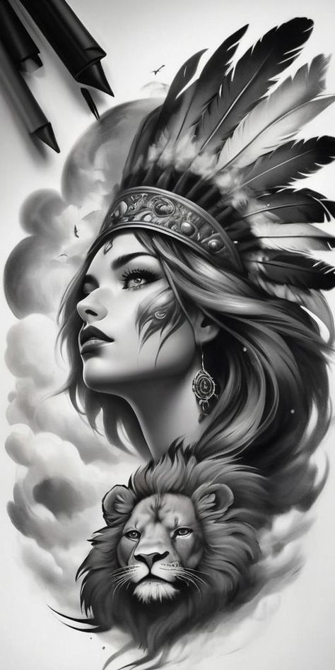 Indian Chief Tattoo, Native American Tattoo Designs, Female Warrior Tattoo, Native American Drawing, Native American Tattoo, Native American Tattoos, Boho Tattoos, Egyptian Design, Fierce Animals