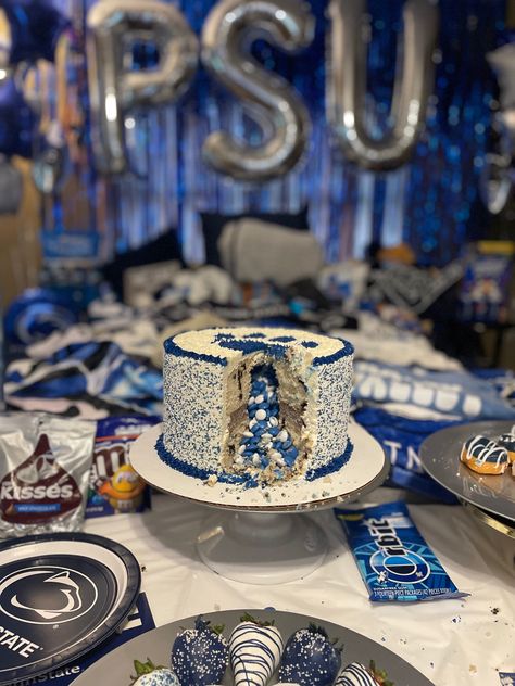 Penn State Grad Party, Penn State Bed Party, Blue Grad Party, Grad Dinner, College Decision, Bed Party, Decorating Party, Penn State University, First Birthday Party Themes