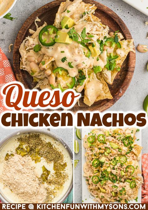 Loaded with queso, chicken, white beans, and green chiles, these Chicken Nachos pack a hearty and flavorful punch that's perfect for game day. White Chicken Nachos, Shredded Chicken Nachos, Queso Chicken, Fun Food Ideas, Bean Nachos, Chicken Nachos Recipe, Green Chili Recipes, Spring Appetizers, Mexican Shredded Chicken