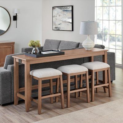 Sofa Table And Chairs, Table For Behind The Couch, Console Table With Stools Behind Couch, Table And Chairs Behind Couch, Table Behind Sectional Couch, Table Behind Couch Ideas, Basement Bar Table Behind Couch, Sofa Table With Stools Behind Couch, Behind The Couch Table With Chairs