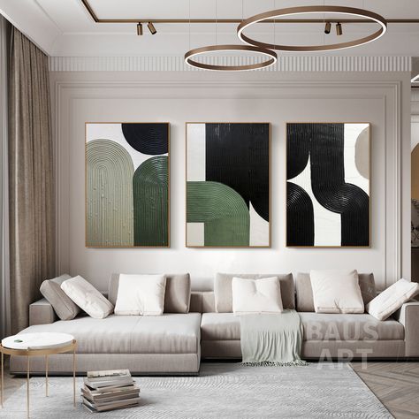 Abstract Wall Art 3 Piece, Modern Abstract Wall Art Living Room, Green Textured Wall Art, Mid Century Living Room Art, Black White And Sage Living Room, Green And Black House Decor, Black White Gray Green Living Room, Black White And Olive Green Living Room, 3 Piece Wall Art Living Room