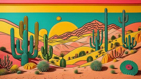 Western Wall Mural, Desert Graffiti, Western Mural, Texas Mural, Farm Mural, Cactus Artwork, Mexican Bar, Exterior Murals, Getting A Tattoo