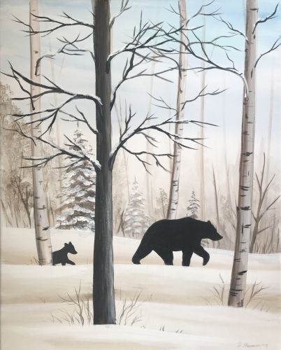 Check out Paint Nite painting "Bearly Keep Up" by artist Dean Sherman from Liberty Lake, WA. Cute Bear Paintings On Canvas, Black Bear Painting Acrylic Easy, Winter Paint Night Ideas, Bear Paintings Easy, Easy Bear Painting, Bear Paintings Acrylic, Black Bear Painting, Snowy Forest Painting, Couple Glasses