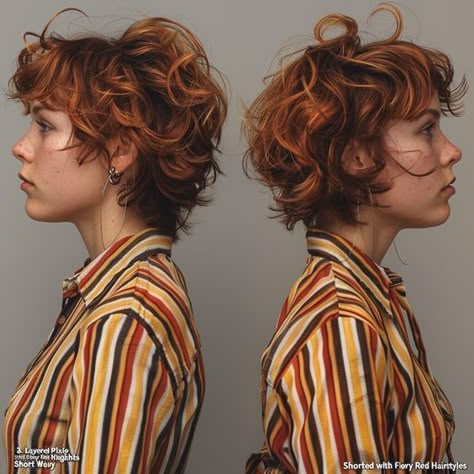 Short Hairstyle Copper, Curly Layered Short Hair, Short Red Hairstyle Women, Short Wavy Hair Highlights, Curly Short Layered Hair, Short Hair Red Color, Short Red Hair With Highlights, Red French Bob, Pixie Bob Curly