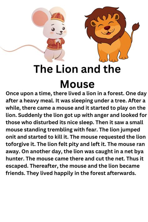 #english Lion And Mouse Story, Small English Story, Lion And Mouse, The Lion And The Mouse, Small Stories For Kids, English Story Books, Stories With Moral Lessons, Kindness For Kids, Text English