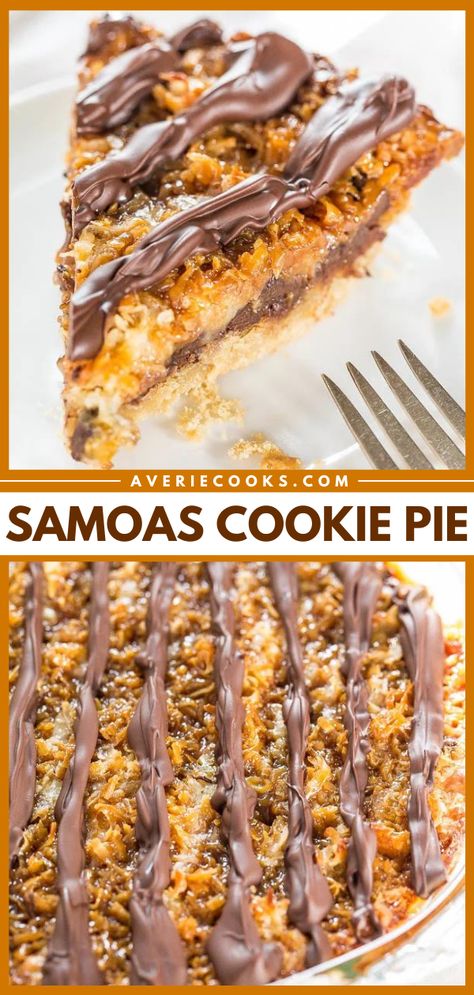 Samoa Pie Recipe (Girl Scouts Cookie Pie!) - Averie Cooks Samoa Girl Scout Cookie Recipe, Samoa Cookie Bars, Open Sesame Pie, Samoa Cookie Cake, Homemade Samoa Cookies, Pie Ideas Creative, Samoas Cookie Pie, Homemade Pies Recipes, Somoa Cookies Recipe