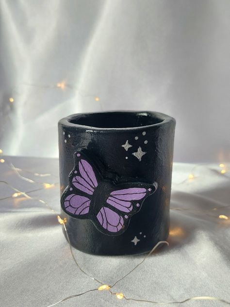 purple butterfly handmade clay pencil holder black Pencil Holder Painting Ideas, Pencil Holder Diy Clay, Pen And Pencil Holder Ideas, Clay Pencil Holder Ideas, Air Dry Clay Pen Holder, Air Dry Clay Pencil Holder, Pencil Holder Ideas, Clay Pen Holder, Clay Pencil Holder