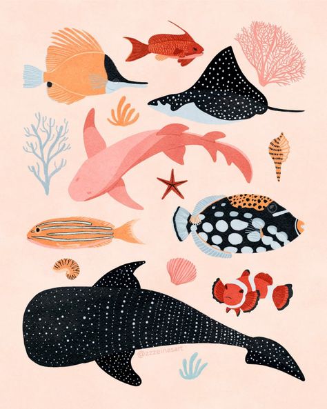 Melissa Gomez Wallpaper Art, Ocean Life Illustration, Ocean Animal Illustration, Ocean Animal Painting, Ocean Illustration Art, Sea Animals Illustration, Sea Animals Art, Ocean Graphic Design, Summer Vibes Illustration