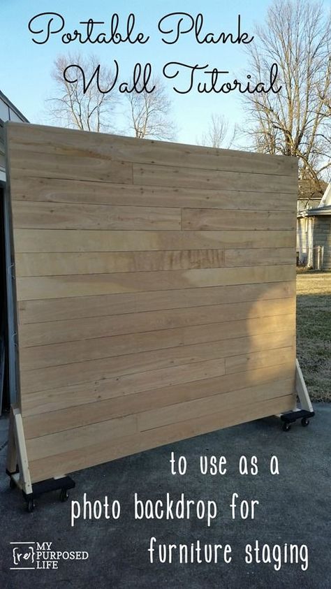 MyRepurposedLife-Portable-Plank-Wall-Tutorial Diy Plank Wall, Pallet Backdrop, Wooden Backdrops, Portable Walls, Wood Backdrop, Plank Walls, Creation Deco, Diy Holz, Diy Backdrop