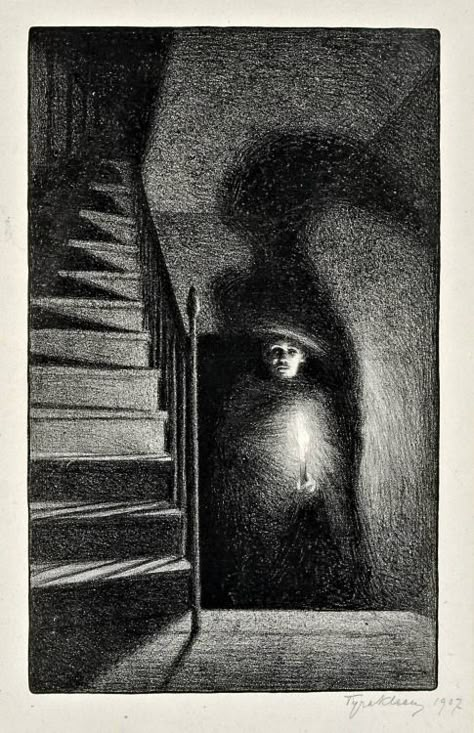 Tyra Kleen (Swedish, 1874-1951), "Light and Shadows," 1907. Arte Peculiar, Charcoal Drawings, Charcoal Art, White Drawing, Shadow Art, Creepy Art, Black And White Drawing, Scary Art, Charcoal Drawing