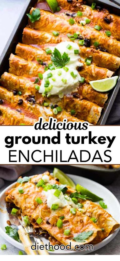 Feast on these Ground Turkey Black Bean Enchiladas! Brimming with juicy turkey and hearty black beans, these cheesy turkey enchiladas are a breeze to whip up and sure to win over any crowd. Healthy Dinner Ground Turkey, Meals Ground Turkey, Ground Turkey Lunch Ideas, Healthy Dinner Recipes With Turkey Meat, The Best Ground Turkey Recipes, Dinner Recipes Turkey Ground, Greens Dinner Ideas, Easy Dinners Ground Turkey, Delicious Ground Turkey Recipes