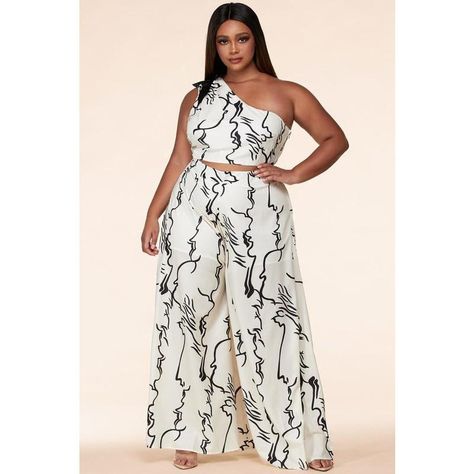 Wide Trousers, One Shoulder Crop Top, Plus Size Two Piece, Minimalist Art Print, Two Piece Pants Set, Printed Wide Leg Pants, Print Crop Tops, Shoulder Crop Top, One Shoulder Tops