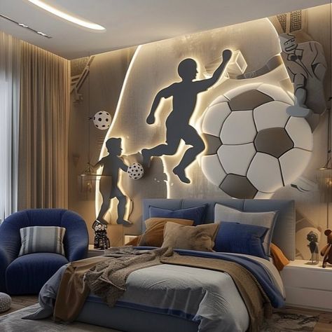 Football-themed boys' room with creative decor ideas. Features include football wall art, themed bedding, a goalpost headboard, a football rug and curtains, and football-themed storage solutions. Perfect for young sports enthusiasts! Boys Soccer Bedroom, Sports Rooms, Soccer Bedroom, Sports Room Boys, Soccer Room, Football Rooms, Football Bedroom, Boys Bedroom Makeover, Dream Life House