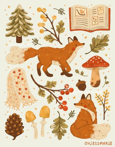 Cozy winter woodland illustration featuring foxes, mushrooms, berries, and various botanical elements. Woodland Art Print, Woodland Illustration, Red Foxes, Winter Berries, Tree Winter, Woodland Art, Winter Woodland, Cozy Scarf, Cozy Winter