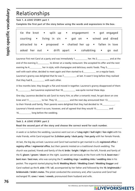 Relationship Vocabulary Worksheet, Relationships Worksheets, English Language Activities, Reading Comprehension Texts, Advance English, Vocabulary Exercises, English Stories For Kids, English Language Course, English Teaching Materials