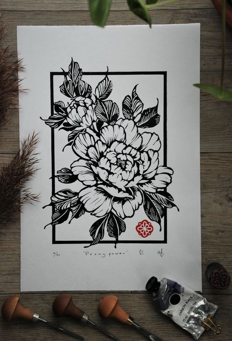 "PEONY POWER This print, \"Peony power\", is made from a handcarved linoblock, printed by hand using a spoon and  oil based printing ink.  Limited edition of 50 prints in black, on white Hosho paper. Paper: Leightweight, acid free asian paper with torn edges. Hosho paper 79g Ink: Cranfield Traditional oil based relief ink. Dimentions: Print 27.5 x 20 cm Paper 37.5 x 26 cm Each print is uniqe. Colours and details may vary slightly due to the handmade nature of the print and paper. Signed and numbered by hand on the front side with a red signature stamp. Shipping: Shipped in a cardboard tube. In the pictures you can see the handcarved linoleum block that is used to make the prints (these are not for sale)." Peony Block Print, Linoleum Block Printing Ideas, Peony Linocut, Floral Linocut, Block Printing Ideas, Linocut Flowers, Peonies Illustration, Block Print Designs, Peonies Art Print