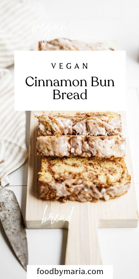 I love the spice that the cinnamon adds, combined with the ooey, gooey icing. Cinnamon rolls are serious comfort food. They are so warming on a brisk fall day. This recipe for a Vegan Cinnamon Bun Bread is a unique twist to your typical cinnamon rolls. This is not only easier, but it looks beautiful and tastes amazing. #cinnamonbun #recipe #vegan #foodbymaria Cinnamon Bun Bread, Plant Butter, Bun Bread, Vegan Bread Recipe, Cinnamon Icing, Fall Vegan Recipes, Vegan Baking Recipes, Vegan Bakery, Desserts Vegan